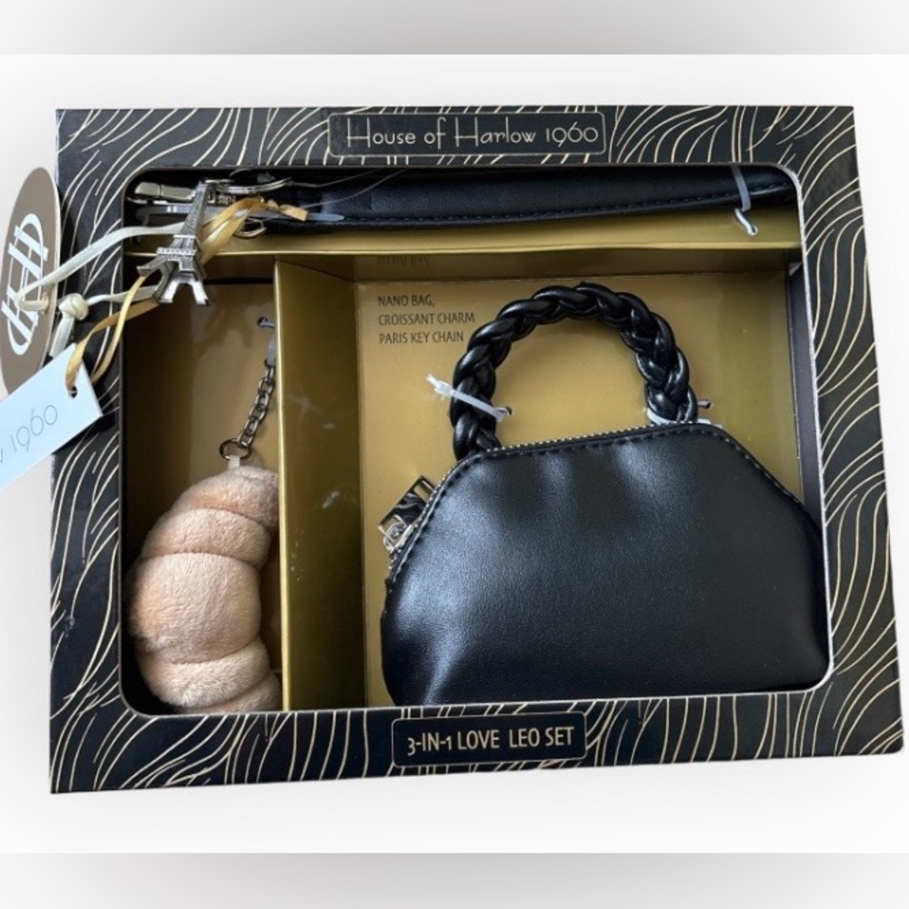 NWT House of Harlow 1960 3 Piece Love Leo Set Black Nano Bag Paris Coquette
